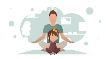 A man and a little girl sit in the lotus position. Yoga. Cartoon style. vector