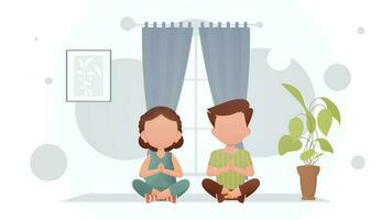 niños hacer yoga en el habitación. yoga. dibujos animados estilo. vector