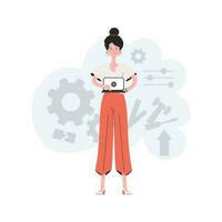 A woman is standing in full growth with a laptop. Video presentation. Element for presentations, sites. vector