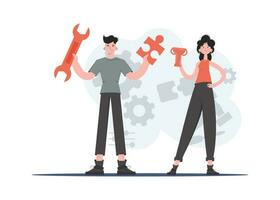 A man and a woman stand in full growth and hold a puzzle, a wrench and a goblet. Tech support. Element for presentations, sites. vector