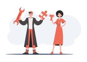 A man and a woman stand in full growth and hold a puzzle and a goblet. Tech support. Element for presentations, sites. vector