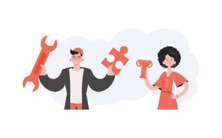 A man and a woman stand with a belt and hold a puzzle and a goblet. Victory. Element for presentations, sites. vector