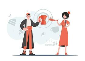 A man and a woman stand in full growth and hold a frying pan and a spatula. Coffee shop. Element for presentations, sites. vector