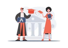 A man and a woman stand in full growth in the hands of a book and a diploma. Education. Element for presentations, sites. vector