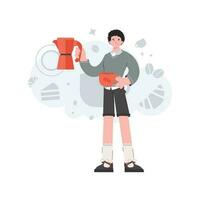 A man stands in full growth in the hands of a cup. Coffee shop. Element for presentations, sites. vector