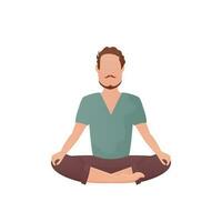 A man sits meditating in the lotus position. Isolated. Cartoon style. vector