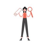 A woman stands in full growth holding a web search bar and a magnifying glass. Isolated. Element for presentations, sites. vector