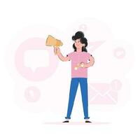 The girl holds a horn and binoculars in her hands. The concept of finding employees. Trendy vector