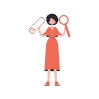 A woman stands in full growth with a web search bar. Isolated. Element for presentations, sites. vector