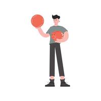 A man stands in full growth holds a coin and a piggy bank in his hands. Isolated. Element for presentations, sites. vector