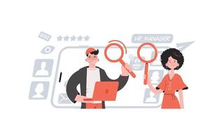 A man and a woman stand with a belt and hold a laptop and a magnifying glass. Search Element for presentations, websites. vector