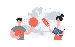 A man and a woman stand with a belt and hold a passport and a piggy bank. Travels. Element for presentations, sites. vector