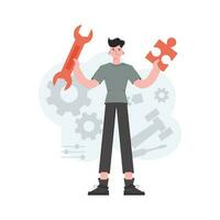 A man stands in full growth holding a wrench and a puzzle. Tech support. Element for presentations, sites. vector