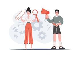 A man and a woman are standing in full growth, holding a loudspeaker and a magnifying glass in their hands. Human resource. Element for presentations, sites. vector