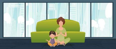 Mom and daughter are meditating together. Cartoon style. Vector illustration.