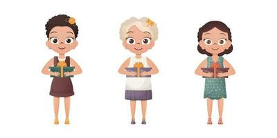 A set of little girls are holding a gift in their hands. Isolated. Flat style. vector