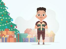 A little boy is holding a beautiful box. New Year. Cartoon style. vector