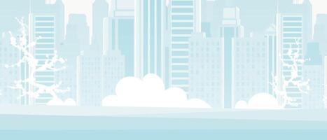 City background in blue tones. Wide poster with space for your character. Vector illustration in cartoon style.