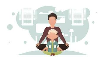 Dad and son are sitting and doing yoga in the room. Yoga. Cartoon style. vector