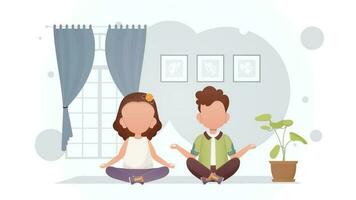 A little boy and a cute girl are sitting in the lotus position in the room. Yoga. Cartoon style. vector