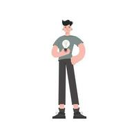 A man stands in full growth with a light bulb in his hands. Isolated. Element for presentations, sites. vector