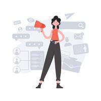 A woman stands in full growth holding a loudspeaker and binoculars. HR theme. Element for presentations, sites. vector