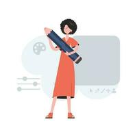 A cute girl stands in full growth holding a large pencil. Design. Element for presentations, sites. vector