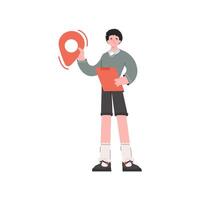 A man stands in full growth and holds a navigation sign in his hands. Isolated. Element for presentations, sites. vector