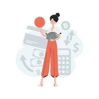 A woman stands in full growth holding a coin. Savings. Element for presentations, sites. vector