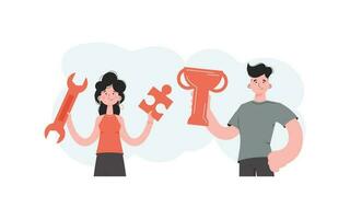 A man and a woman stand with a belt and hold a wrench, a goblet and a puzzle. Tech support. Element for presentations, sites. vector