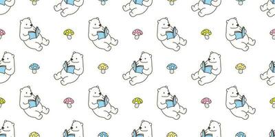 bear seamless pattern polar bear vector panda teddy reading book mushroom isolated tile background repeat wallpaper