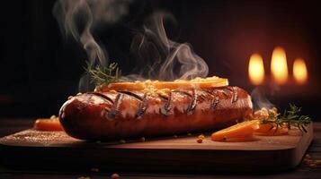 Juicy grilled sausage on a dark background, smoky flavor and mouth-watering aroma. Perfect for any BBQ poster. photo