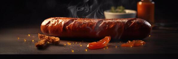 Juicy grilled sausage on a dark background, smoky flavor and mouth-watering aroma. Perfect for any BBQ poster. photo