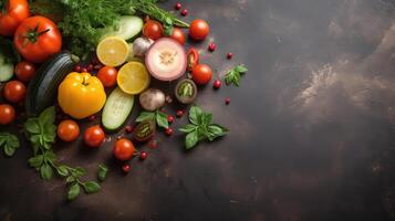 Fresh Veggie Border. Organic vegetables on natural black background. Ideal for healthy food designs. photo