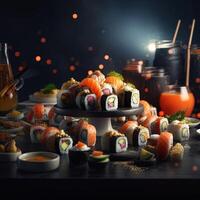Sushi Rolls in a Warm and Inviting Setting. Isolated on a Cozy Background. Great for Your Menu, Food, or Culinary Illustrations. . photo