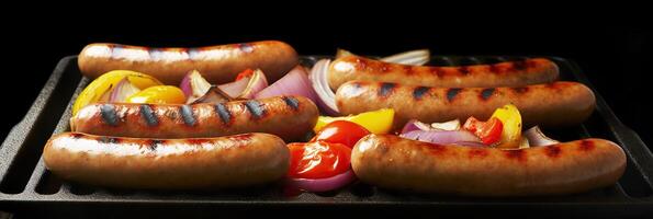 Grilled sausages and vegetables on a flaming BBQ grill. A delicious food poster for summer dining. photo