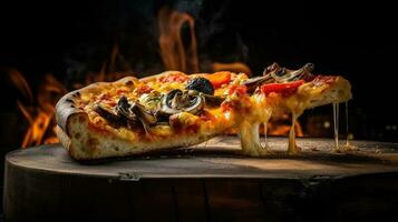 Wood fired pizza with salami, pepper and cheese on a wooden board with smoke and flames. Black backdrop. Generative ai photo