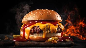 Delicious burger, grilled to perfection. Perfect for posters and menus. Flames add an extra touch. . photo