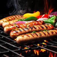 Grilled sausages and vegetables on a flaming BBQ grill. A delicious food poster for summer dining. photo