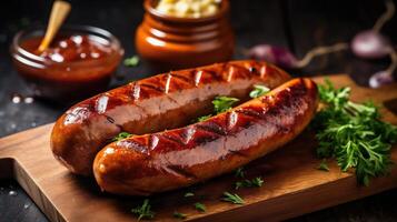 Flavorful grilled sausages on a wooden platter, topped with an assortment of sauces and herbs. photo