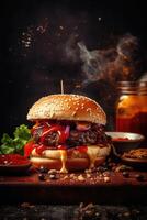 Delicious burger, grilled to perfection. Perfect for posters and menus. Flames add an extra touch. . photo