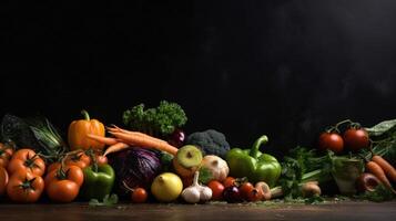 Fresh Veggie Border. Organic vegetables on natural black background. Ideal for healthy food designs. photo