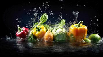 Black background with an assortment of fresh vegetables, fruits, and water splashes. Healthy food. . photo