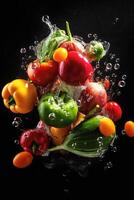 Black background with an assortment of fresh vegetables, fruits, and water splashes. Healthy food. . photo