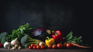 Fresh Veggie Border. Organic vegetables on natural black background. Ideal for healthy food designs. photo