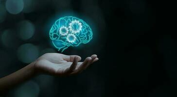 Man Holding digital brain with gear settings icon, digital Marketing, internet marketing and link building screen photo