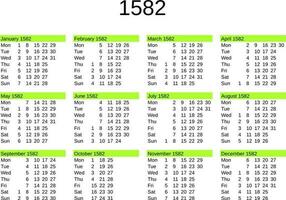 year 1582 calendar in English vector