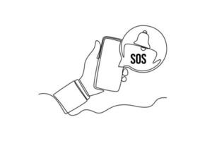 Single one line drawing SOS emergency call in the smartphone. SOS concept. Continuous line draw design graphic vector illustration.