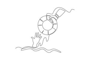 Single one line drawing hand gives lifebuoy. SOS concept. Continuous line draw design graphic vector illustration.