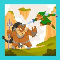 Elf Character Fighting with an Orc King vector